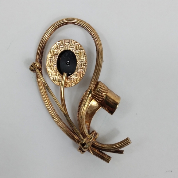 Unsigned Designer Black Glass 14K GF Clear Rhinestone Flower Brooch Vintage - Picture 5 of 7